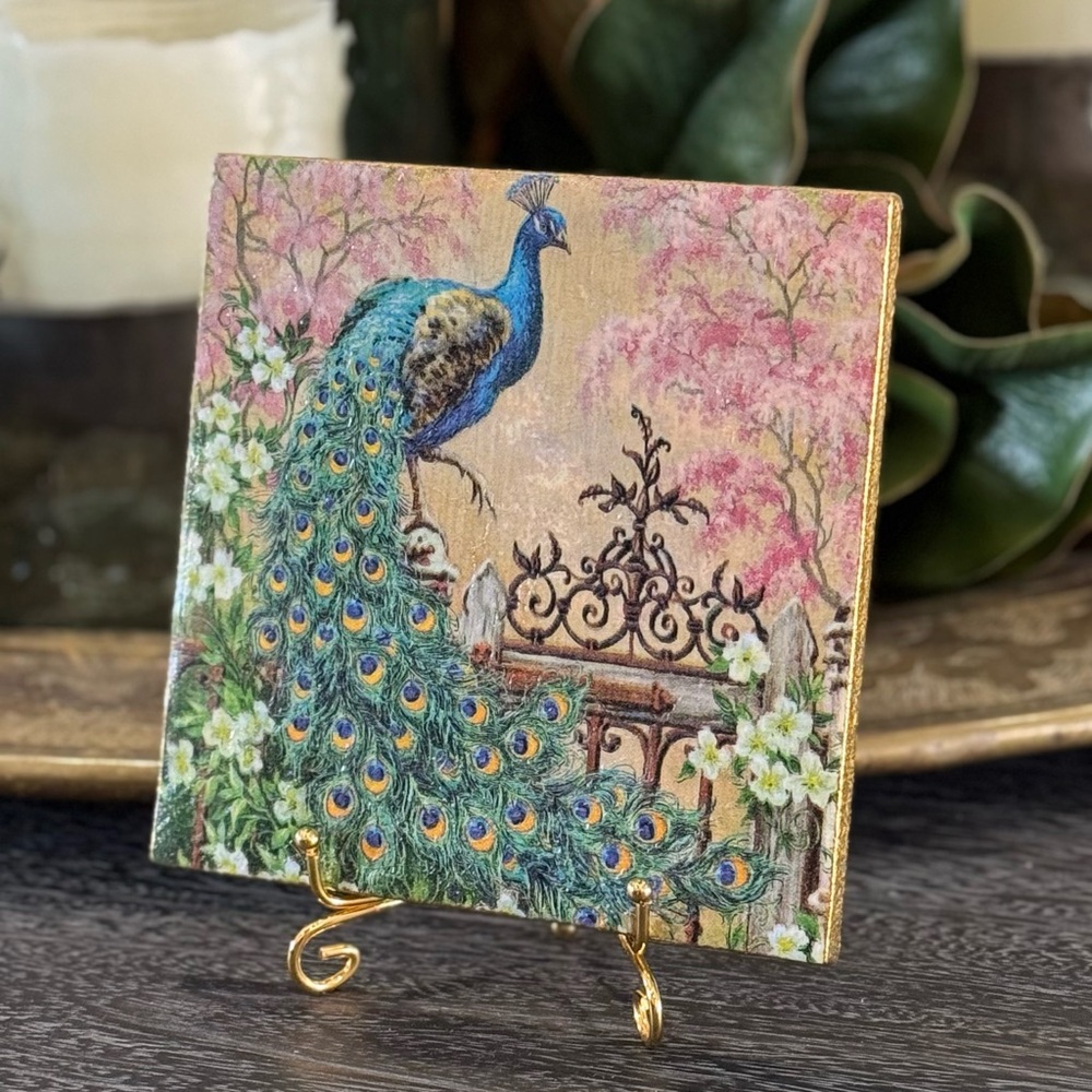 Hand Crafted Majestic Peacock Decorative Ceramic Tile 6 x 6 Green